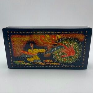 Signed, “Firebird”, Hand Painted, Russian Black Lacquer, Hinged Wooden Box